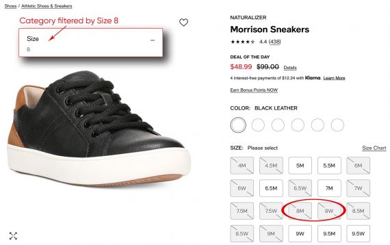 Macy's shoe page showing various sizes unavailable