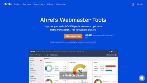 Screenshot of Ahrefs Webmaster Tools home page.