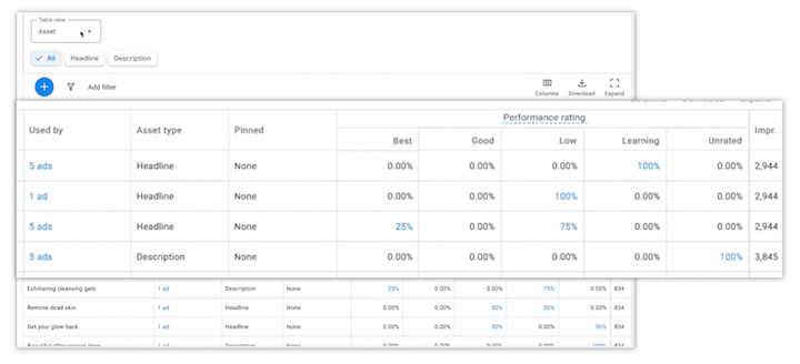 google ads assets report - metrics available in the assets view
