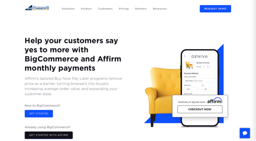Screenshot of a BigCommerce web page promoting partnership with Affirm