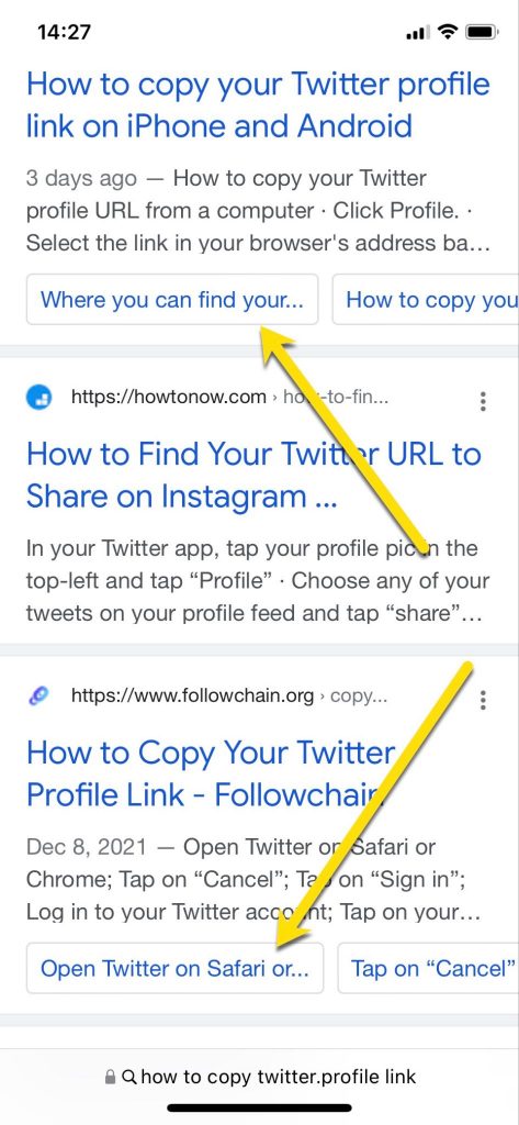 Screenshot of mobile search results for "how to copy twitter profile link."