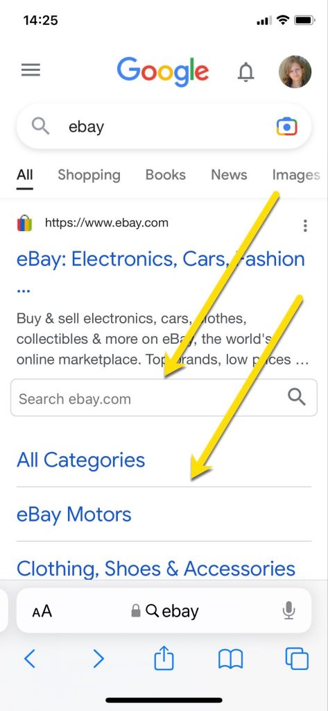 Screenshot of mobile search results for "ebay" query