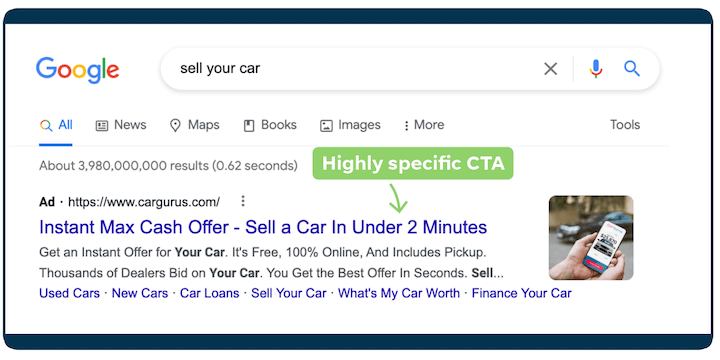 ppc ad copy tips - example of google ad with specific CTA