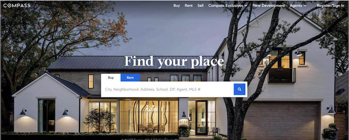 real estate website design examples - compass' homepage