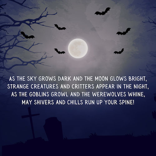 halloween greetings and sayings - full moon over graveyard with bats