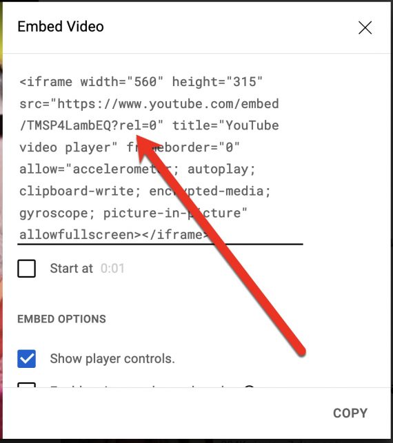 Screenshot of YouTube embed code containing ?rel=0
