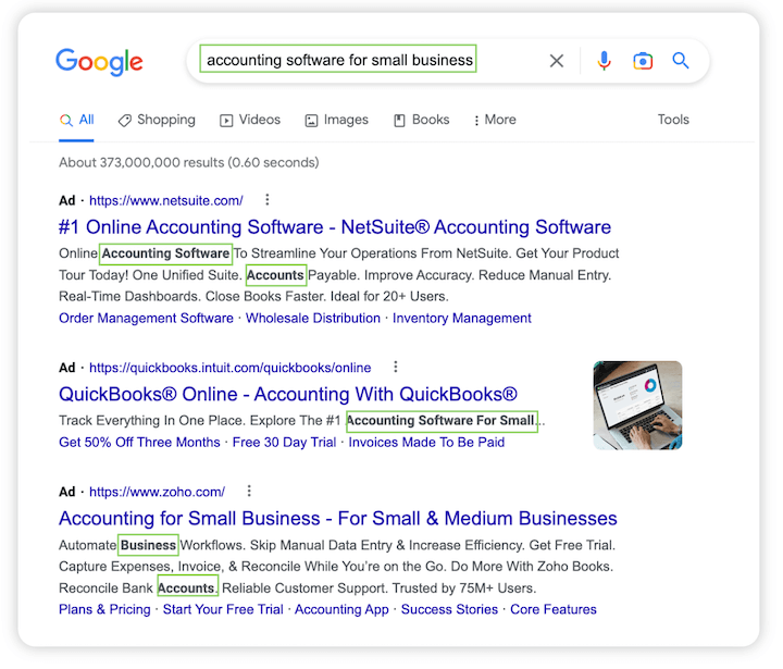 how to compete in google ads - example of google ad with query terms bolded