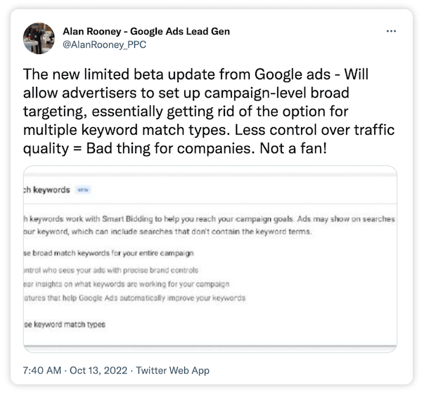 tweet about broad match targeting beta update